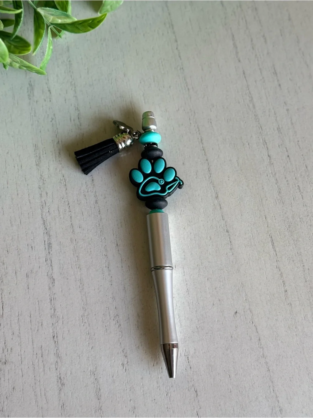 Silver Pen with Turquoise Paw Charm and Tassel - Pet Lover Accent